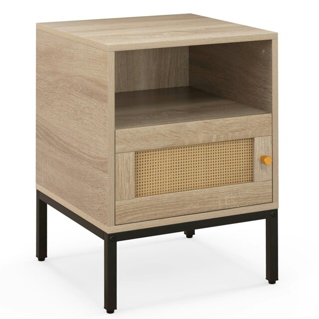 COSTWAY Home Rattan Nightstand Accent Bedside Table Brown