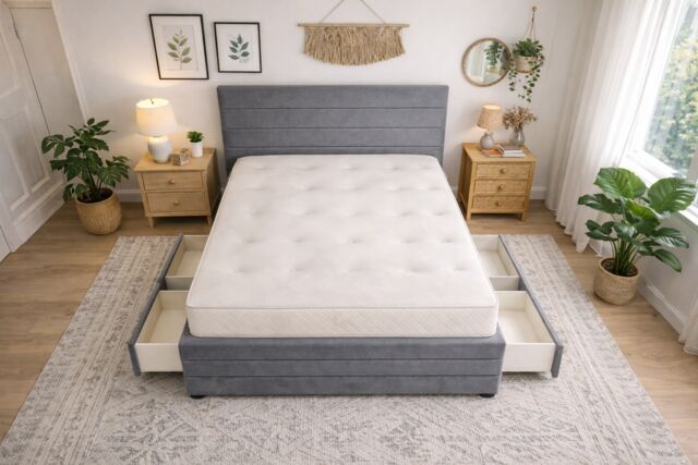 Divan Bed Set Headboard and Footboard with Mattress 3ft Single Grey Suede Storage 2 Drawers Right Side Laying in Bed