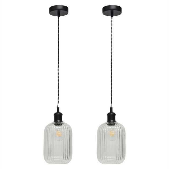 Set of 2 Batley - Clear Ribbed Glass Black Retro Pendant Fittings