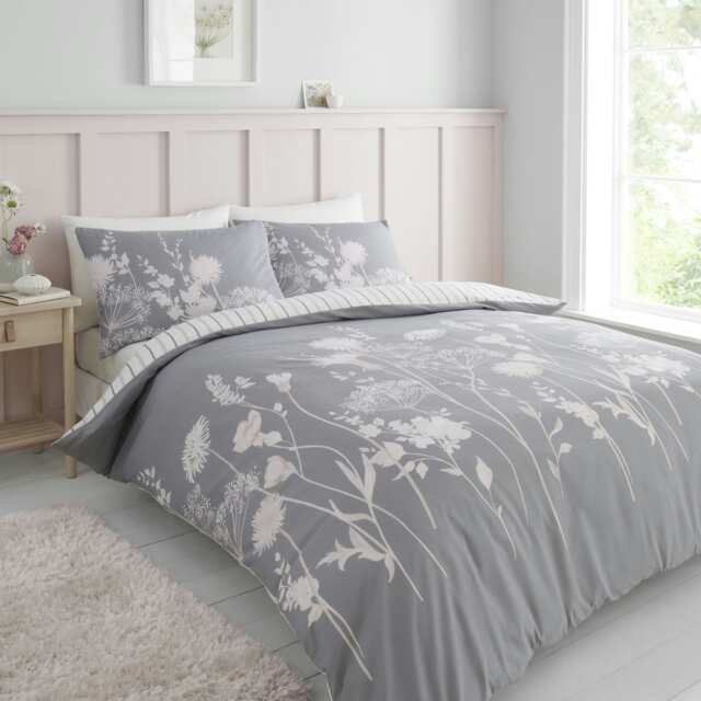Catherine Lansfield Meadowsweet Floral Reversible Single Duvet Cover Set Grey Pink