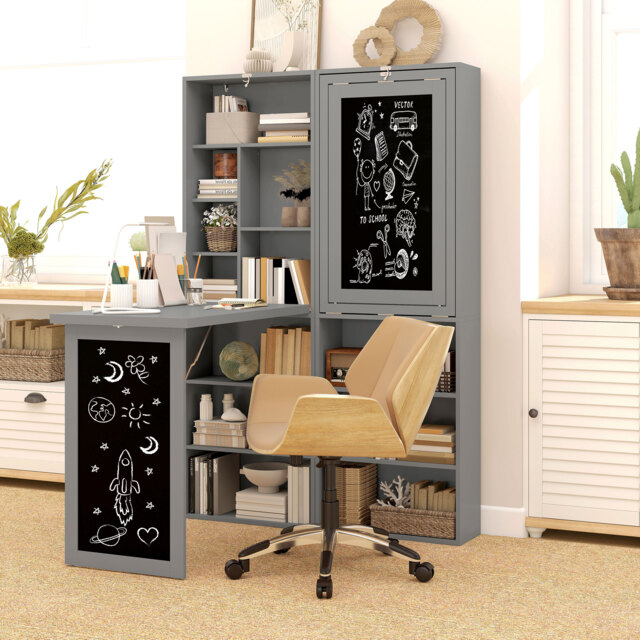 HOMCOM Wall Mounted Computer Desk, Folding Study Table with Black Board and Bookshelf, Multifunctional Floating Writing Desk for Home Office, Grey