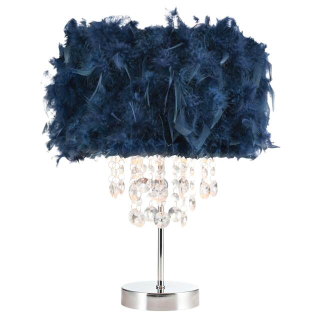 Chandelier Style Midnight Blue Feather Table Lamp with Waterfall Drops