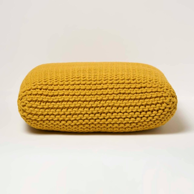 Homescapes Yellow Square Cotton Knitted Pouffe Floor Cushion Yellow 70 x 20 cm