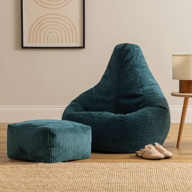 Dalton Cord Adults Bean Bag Recliner and Pouffe, Ready Filled Beanbag and Footstool Teal Green Teal Green 1
