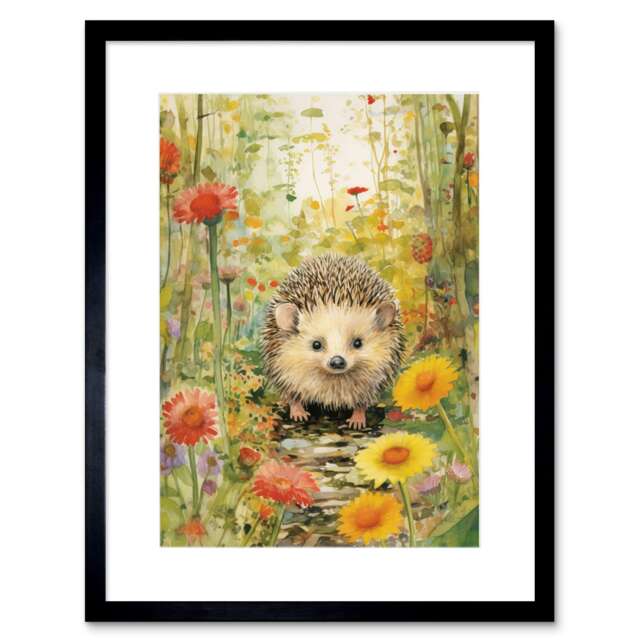 "Adorable Hedgehog a Wildflower Meadow 9x7"" Black Framed Wall Art Print"