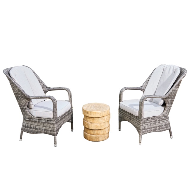 Direct Wicker 2-Piece Outdoor PE Rattan Dining Chairs with a Wooden-colored Terrafab Composite Tea Side Table Grey