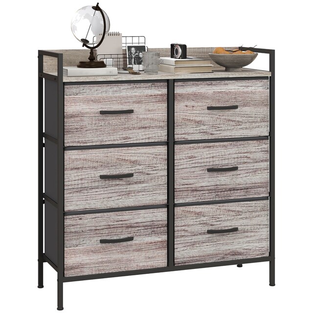 HOMCOM Bedroom Chest of Drawers, Fabric Dresser with 6 Drawers, Storage Organiser Unit with Open Shelf and Metal Frame for Living Room, Entryway, Grey Wood Effect