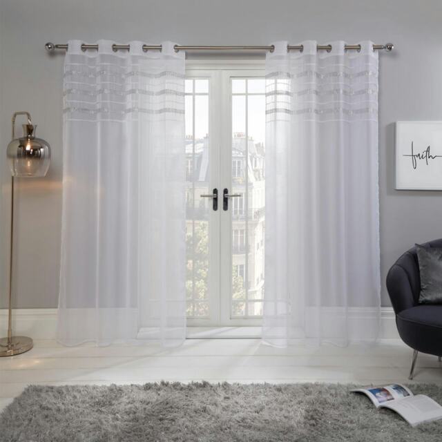"OHS Latina Diamante Band Eyelet Sheer Net Voile Curtains, 55x87"" - White"