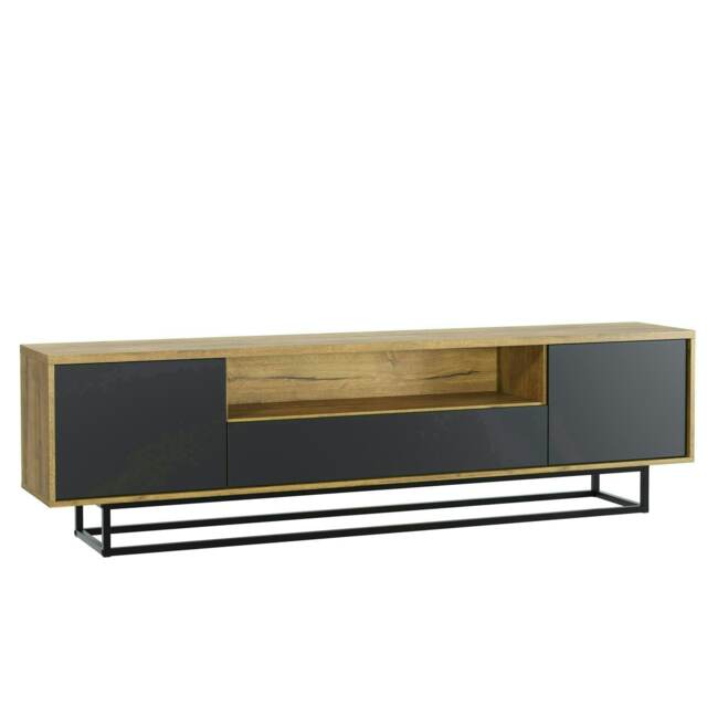 TV Unit 200cm Oak Body with Black Doors and Drawer on Metal Base Multi Oak One Size 1