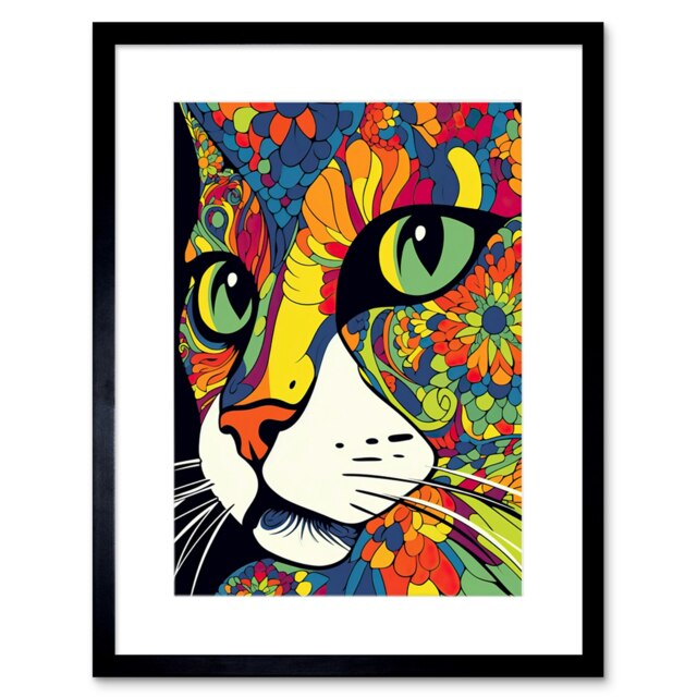 "Psychedelic Portrait Cat Close Up Vivid Mandala Patterns 9x7"" Black Framed Wall Art Print"