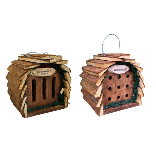 Wooden Hanging Butterfly & Ladybird Garden Bug Houses - Pack of 2