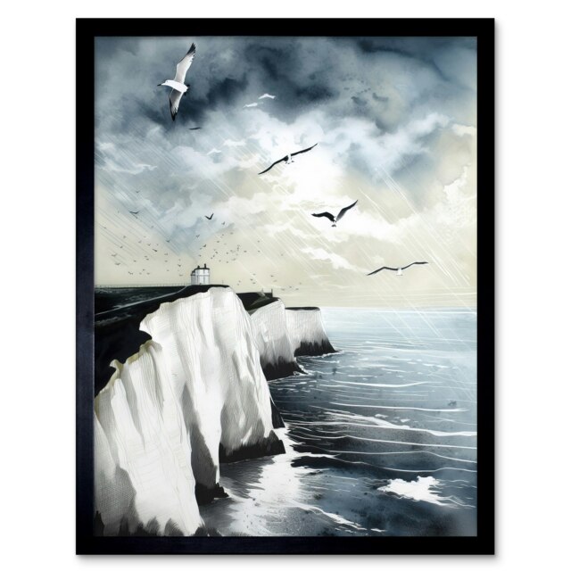 Seagulls Flying Over the White Cliffs of Dover in Framed Wall Art Print