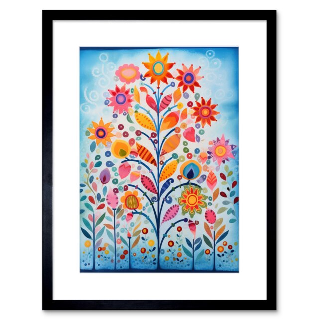 "Blooming Flowering Plant Pattern Folk Art Watercolour 9x7"" Black Framed Wall Art Print"