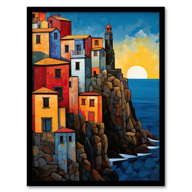 Cinque Terre Coastal Sunrise Acrylic Italy Black Framed Wall Art Print A4