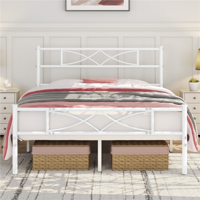 Yaheetech 4ft6 Double Metal Bed Frame with Headboard, Heavy Duty Steel Platform, 32cm Under Bed Storage, Easy Assembly,White