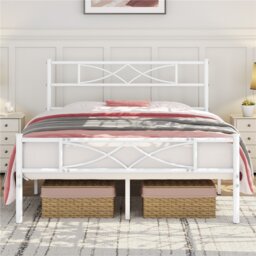 Yaheetech 4ft6 Double Metal Bed Frame with Headboard, Heavy Duty Steel Platform, 32cm Under Bed Storage, Easy Assembly，White