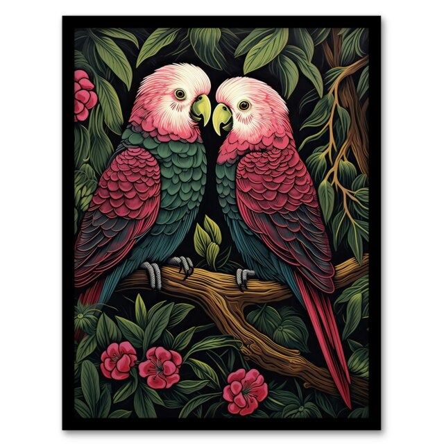Pair of Parrots Tree Vintage Burgundy Pink Green Lush Framed Wall Art Print