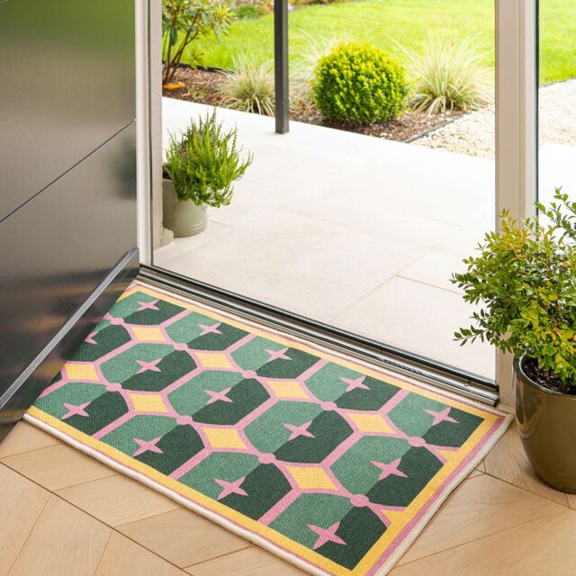Machine Washable Doormat Green Geometric Non Slip Front Door Mat 60cm x 110cm