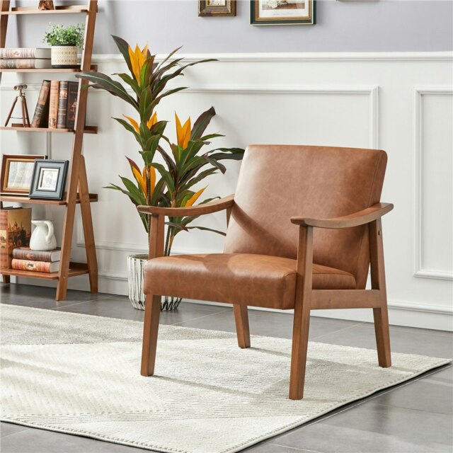 Yaheetech Faux Leather Upholstered Armchair with Wood Legs Brown Light Brown