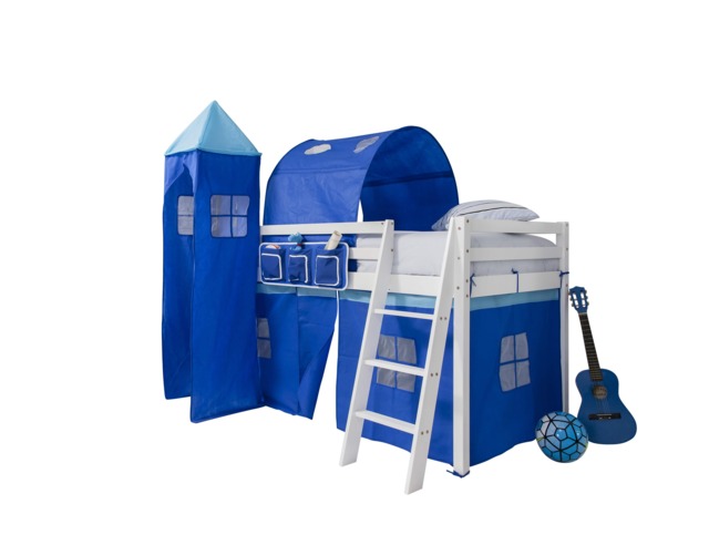 Moro Cabin Bed with Ladder and Brilliant Blue Cotton Tent, Tower & Tunnel in White