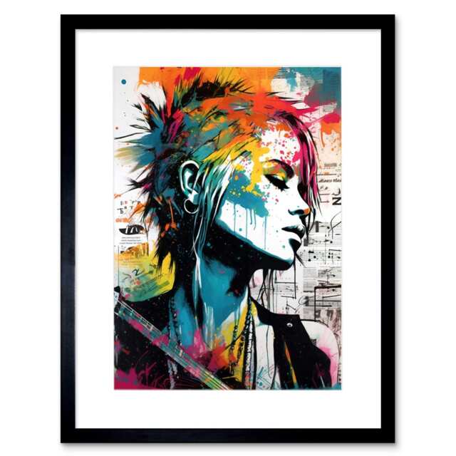 "Emo Girl Electric Guitar Sheet Music Upcycle 9x7"" Black Framed Wall Art Print"