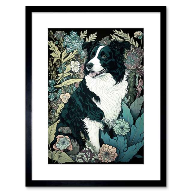 "Border Collie Dog Lover Gift Wildflowers Flowers 9x7"" Black Framed Wall Art Print"