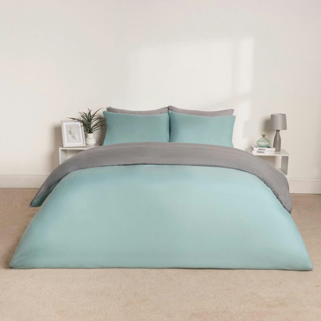 OHS Reversible Microfibre Duvet Cover and Pillowcase Bedding Set, Double - Duck Egg/Grey