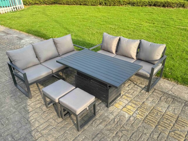 Fimous 5 Pieces Garden Furniture Set Aluminium Adjustable Rising Lifting Dining Table and Sofa Set with 2 Small Footstools Dark Grey