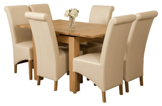 Richmond 90-150cm Oak Extending Dining Table and 6 Montana Leather Chairs Cream Cream