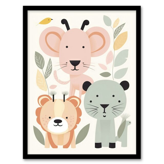Zoo Baby Animals Pastel Colour Graphic Kids Bedroom Black Framed Wall Art Print A4