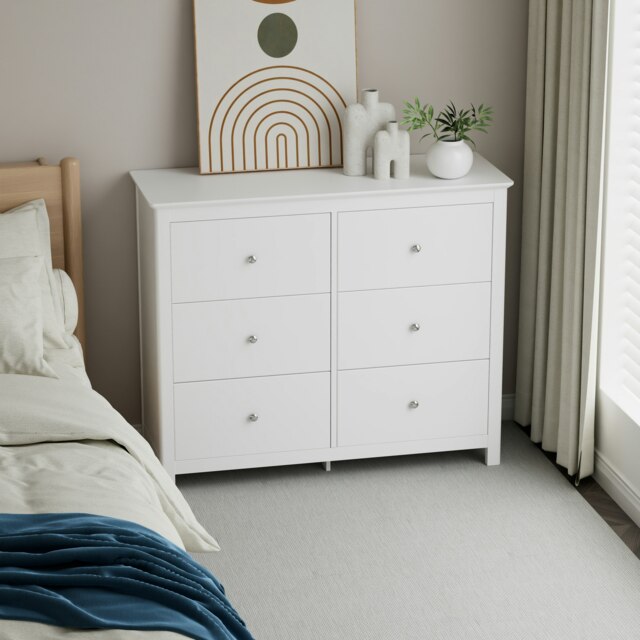 Nairn White 3+3 Drawer Wide Chest of Drawers - White Painted Wood Bedroom Storage with Polished Steel Handles