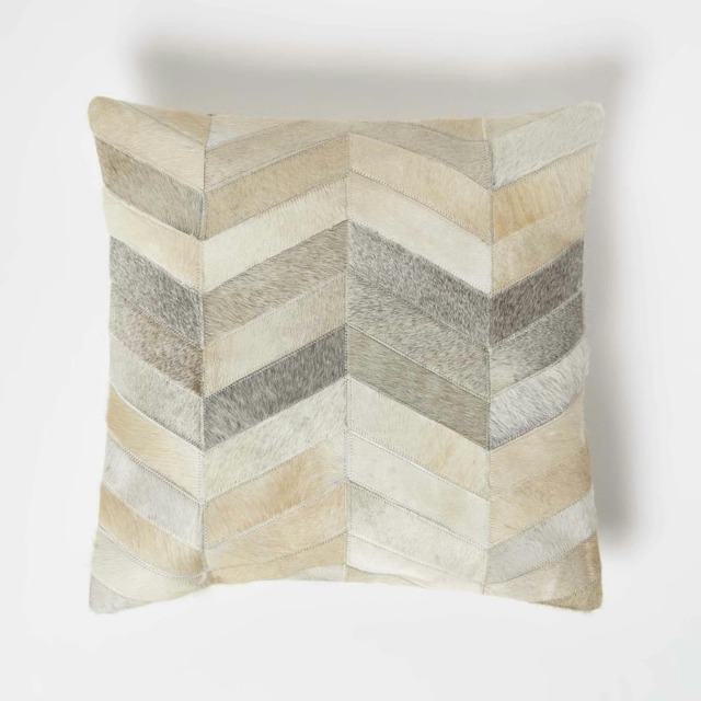 Homescapes Chevron Cream & Grey Leather Cushion - 45 x 45 cm