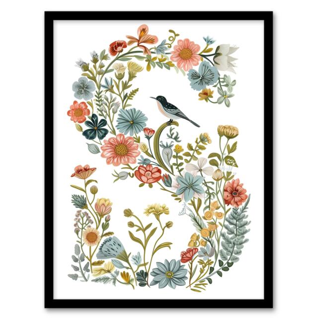 Letter S Bird Elegant Floral Birthday Gift Mum Black Framed Wall Art Print A4