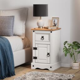Mercers Furniture Corona White Bedside Table Cabinet Narrow Pot Cupboard 1 Door 1 Drawer Solid Wood Pine Wooden with Mexican Styling