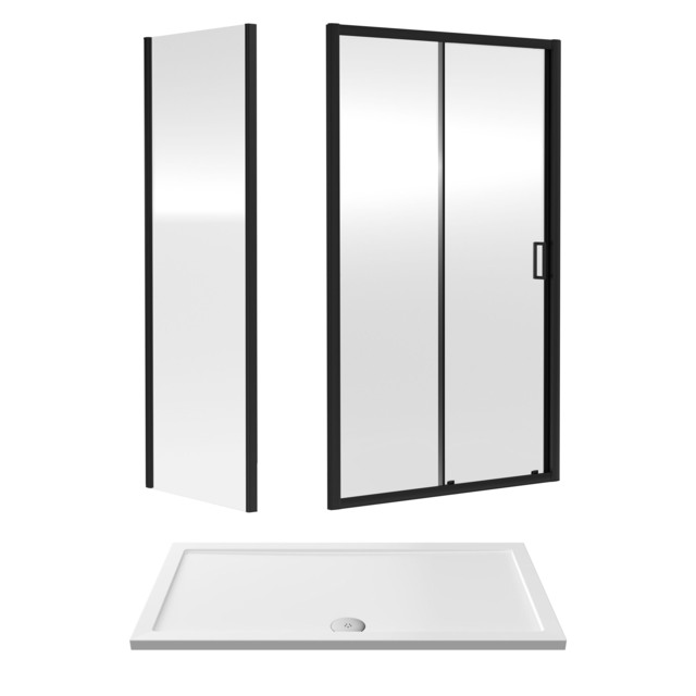 Balterley Sliding Shower Suite with Safety Glass Door, Side Panel & Shower Tray Black Matt Black 3