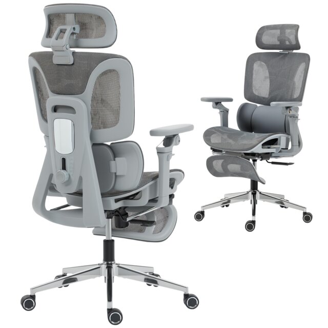 HOMCOM Ergonomic Office Chair, High Back Mesh Desk Chair with Reclining Separated Backrest, Lumbar Support, 6D Flip-up Armrests, Adjustable Headrest, Tilt Function, Footrest for Home Office, Grey