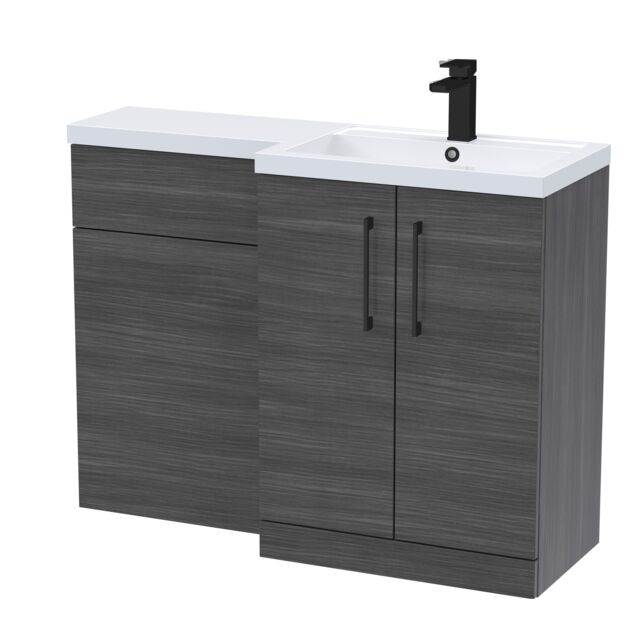 Balterley Right-Hand Bathroom Vanity and WC Unit Combination, Basin - Handles Grey Anthracite Woodgrain