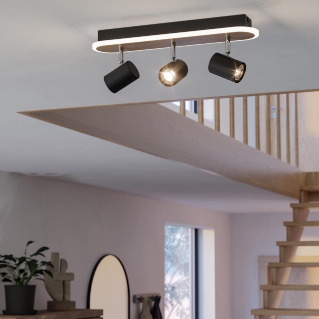 EGLO Rimbocchi Natural Wood & Steel Modern 3 Light Spotlight