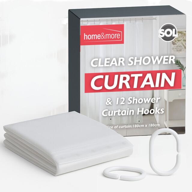 Clear Shower Curtain 180x180cm with 12 Hooks Waterproof Plastic Bath Liner with Rust Proof Grommets Anti Mould and Easy to Install