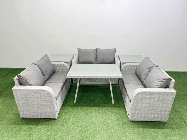 Fimous Rattan Garden Furniture Dining Set 6-seater Patio Rectangular Table Love Sofa Set with 2 Side Tables