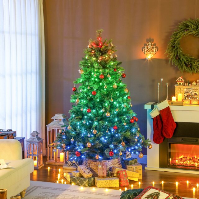 HOMCOM 180cm Prelit Christmas Tree with Colourful DIY Synchronized LED Lights and Remote, Carolina Pine, Hinged Xmas Tree with Realistic Tips, 12 Modes, Daily Timer, Adjustable Brightness and Speed Green