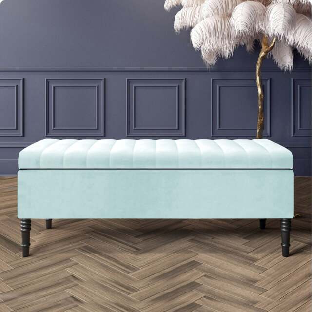 180cm Paris Striped Ottoman Storage Bench- Plush Velvet Shoe Bench - White Upholstery Footstool with Storage