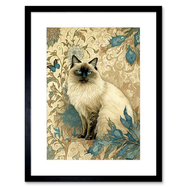 "Blue Point Ragdoll Cat Teal Plants Art Nouveau Watercolour 9x7"" Black Framed Wall Art Print"
