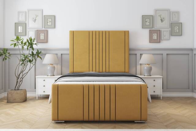 "Sloomy Harrington Mustard Plush Bed Frame With Mattress With 50"" Upholstered Headboard 2'6 Small Single"