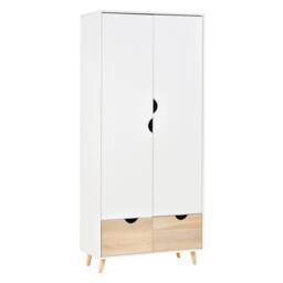 HOMCOM 2-Door Clothes Wardrobe w Rail Shelf 2 Drawers Wood Feet Elegant Home Storage Organisation Furniture Dresses Coats Blankets Shoes White