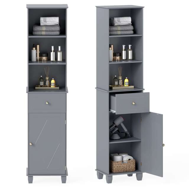 COSTWAY 172cm Tall Bathroom Cabinet Narrow Floor Cabinet 3 Open Shelves Grey