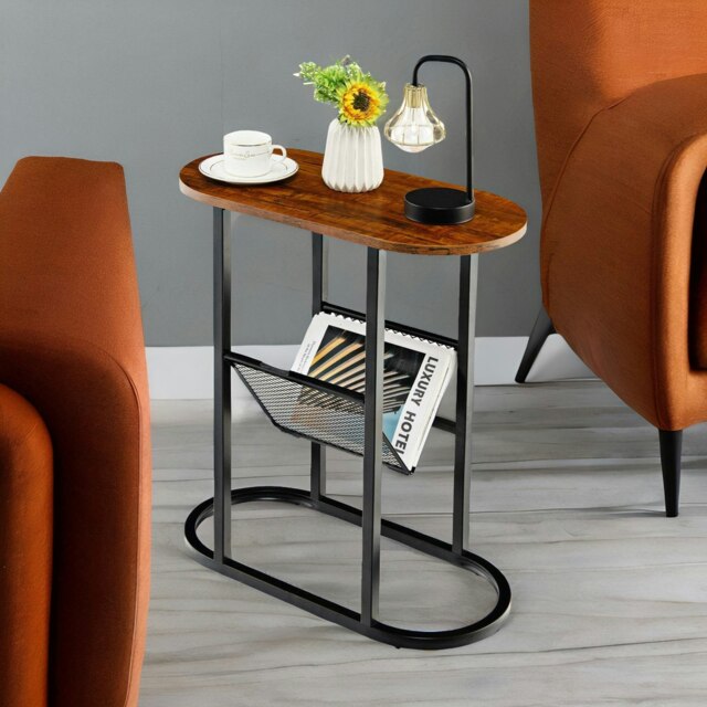 Industrial Side Table With Mesh Magazine Holder Rustic Brown Brown
