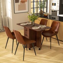 HOMCOM Folding Dining Table for 4-6, Rolling Drop Leaf Table on Wheels with Storage Drawers, Cabinet and Open Shelf for Kitchen, Dining Room, Distressed Brown