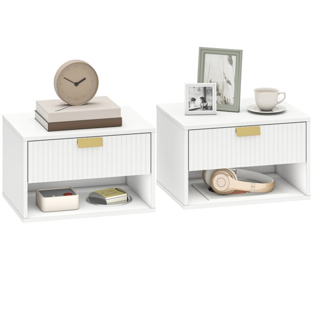 HOMCOM Floating Bedside Tables Set of 2 with Fluted Drawer Open Shelf White White 40W x 30D x 25H cm