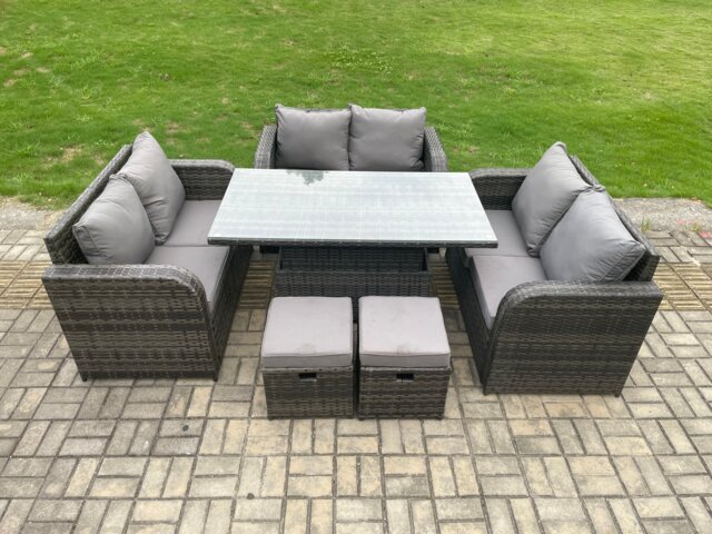 Fimous Rattan Garden Outdoor Furniture 3 PC Love Sofa Set Patio Adjustable Rising lifting Dining Table With 2 Small Footstools